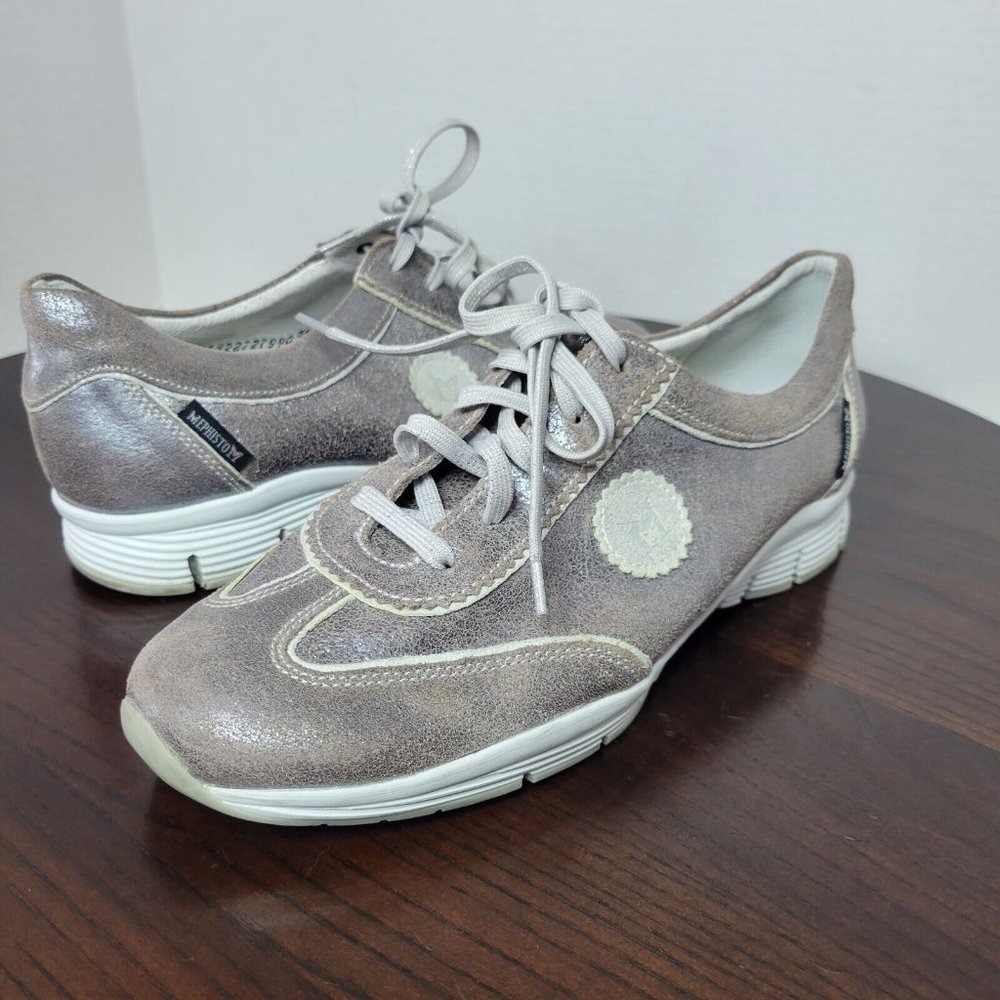 Mephisto Yael Size 8 Dark Taupe Metallic Leather Lace Up Walking Shoes